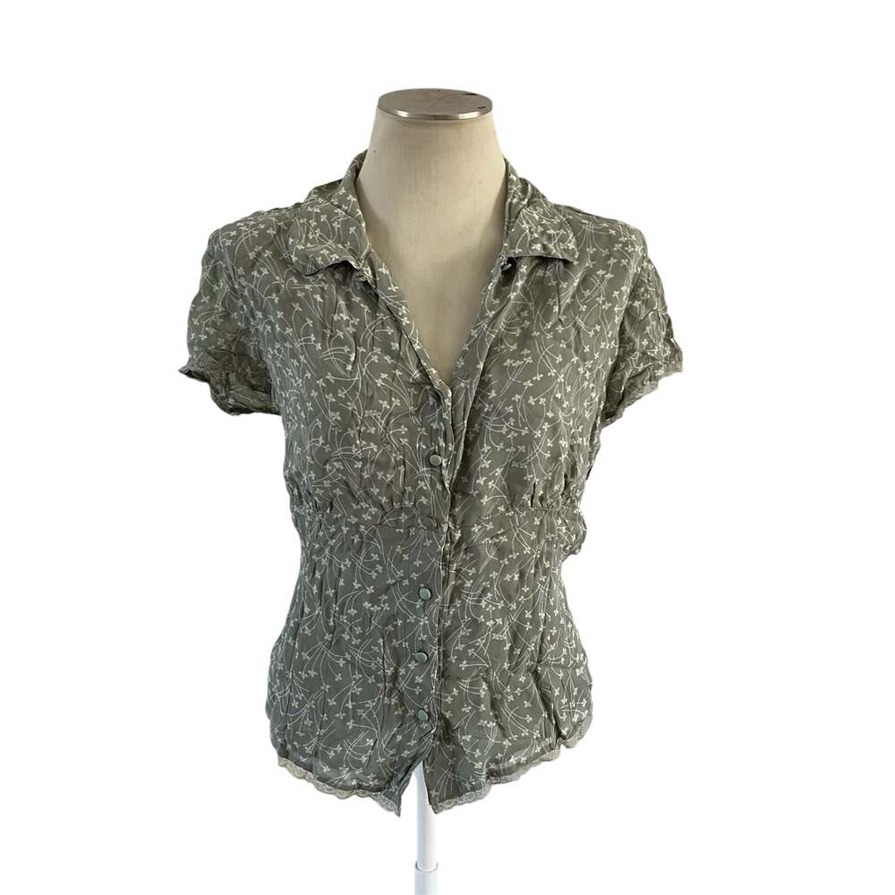 Green Ditsy Floral Print Lace Trim Button Top Plus Sz 18W Cottagecore Fairy Boho